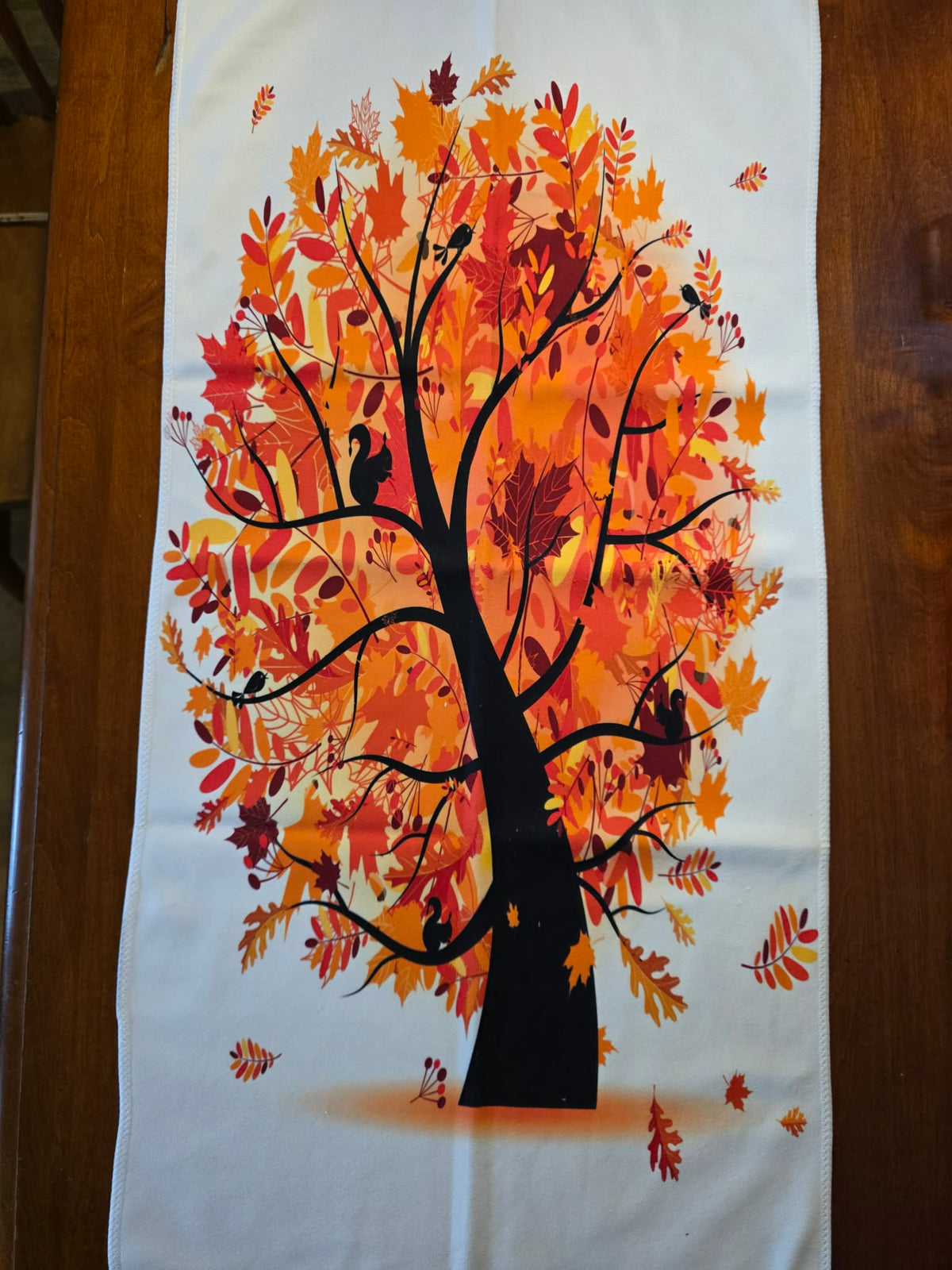 Autumn Tree Kitchen & Hand Towel - Fall Foliage with Woodland Squirrels & Birds (15"x30")