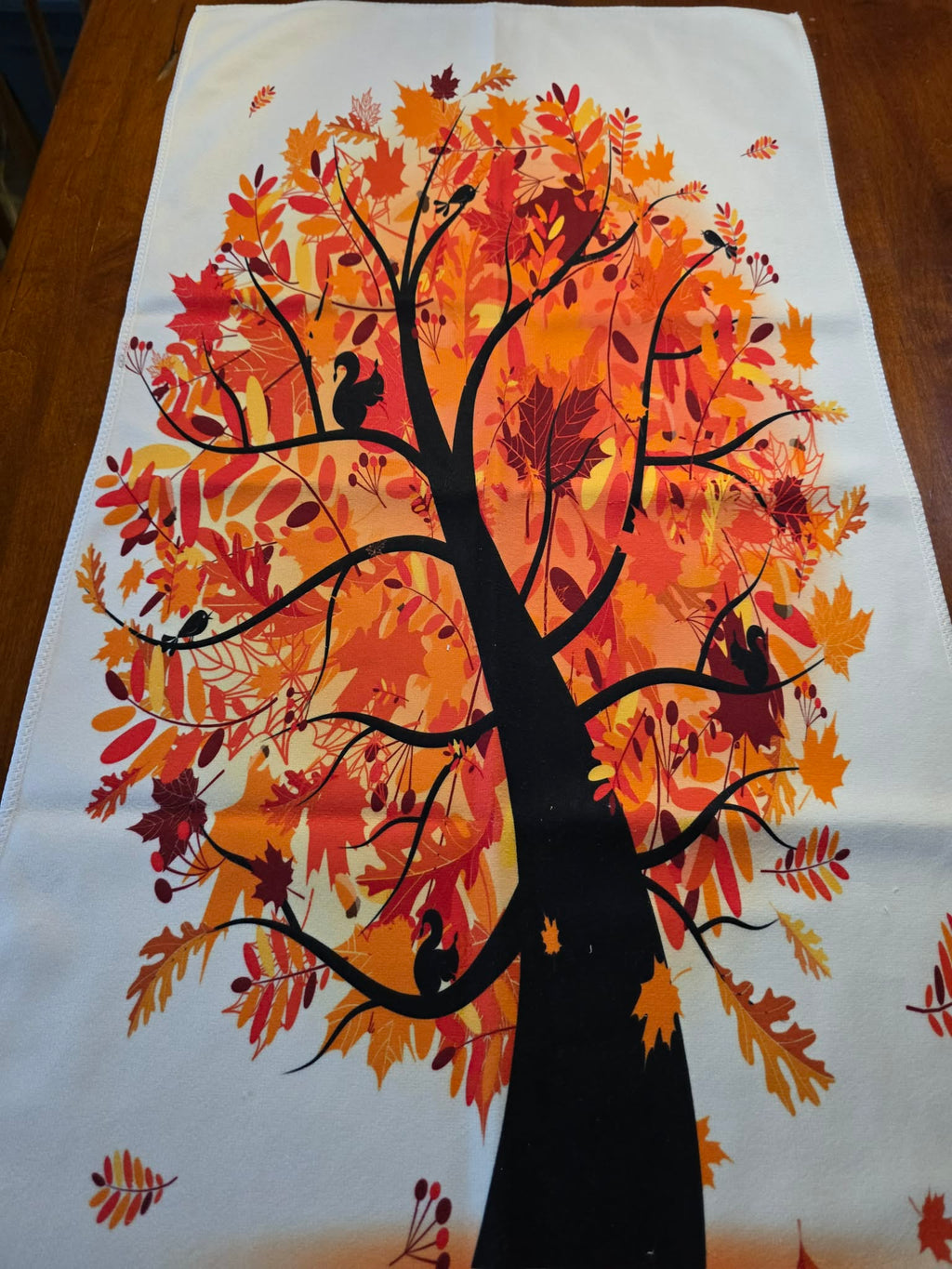 Autumn Tree Kitchen & Hand Towel - Fall Foliage with Woodland Squirrels & Birds (15"x30")
