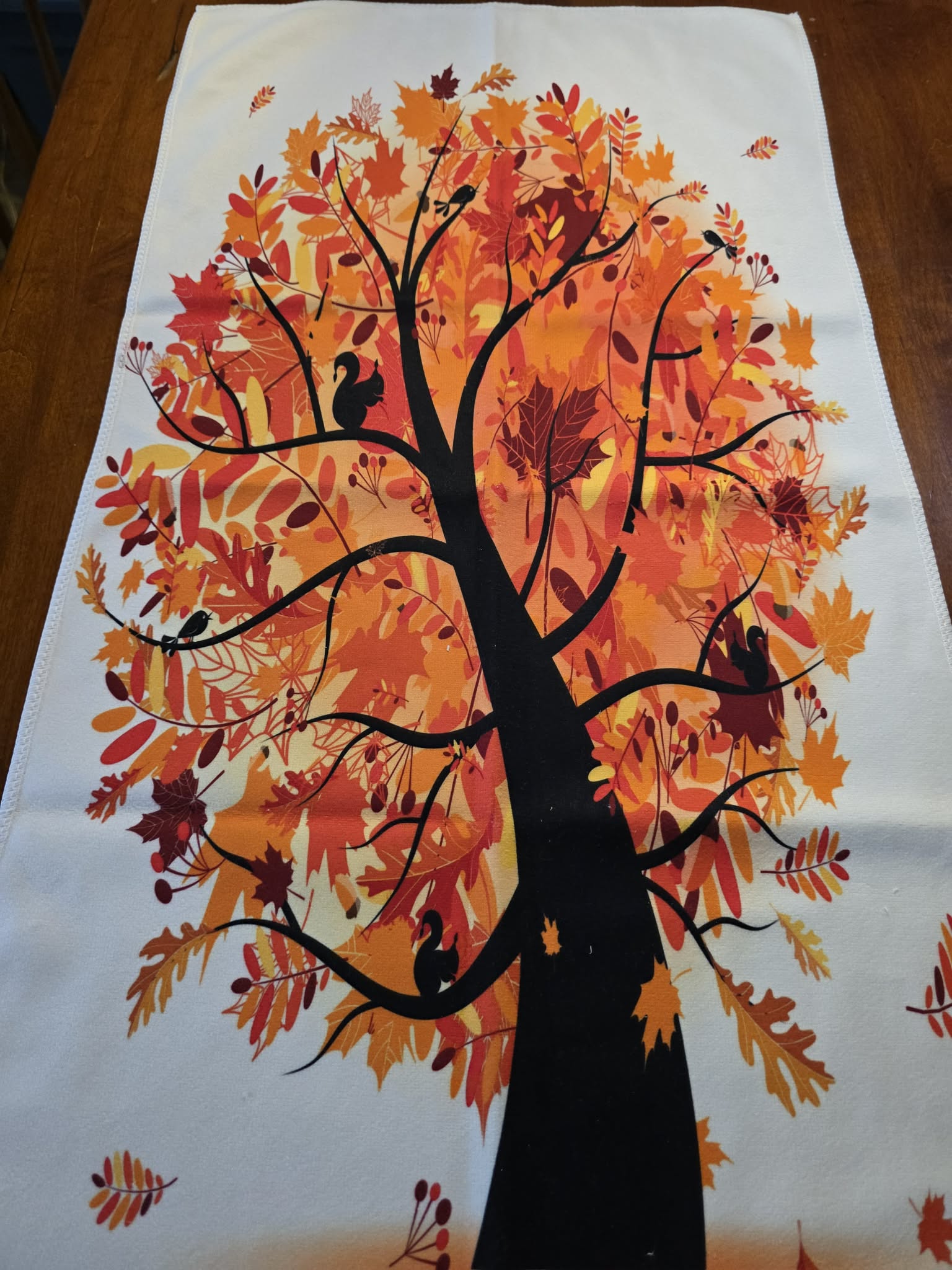 Autumn Tree Kitchen & Hand Towel - Fall Foliage with Woodland Squirrels & Birds (15"x30")
