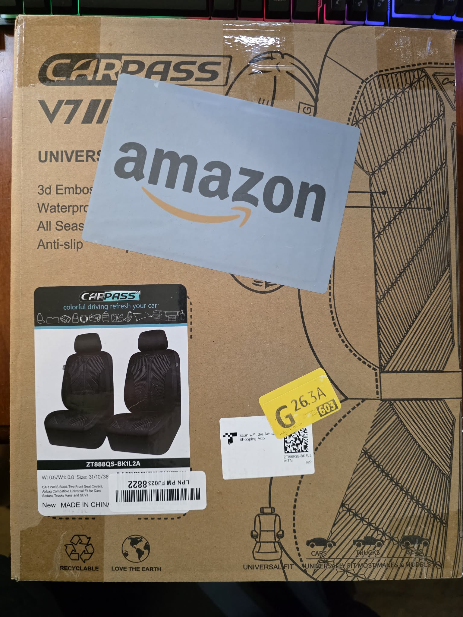 CAR PASS V7 Universal Front Car Seat Covers - 3D Embossed, Waterproof, Airbag Safe (Black)