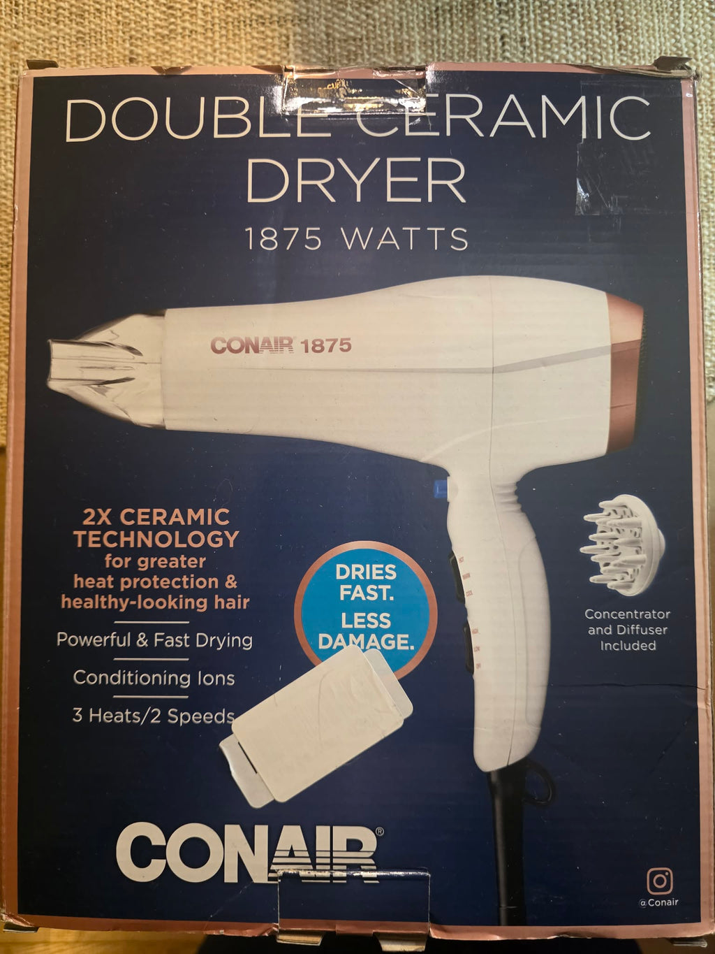 Conair Double Ceramic 1875W Hair Dryer with Ionic Conditioning (Includes Diffuser & Concentrator)