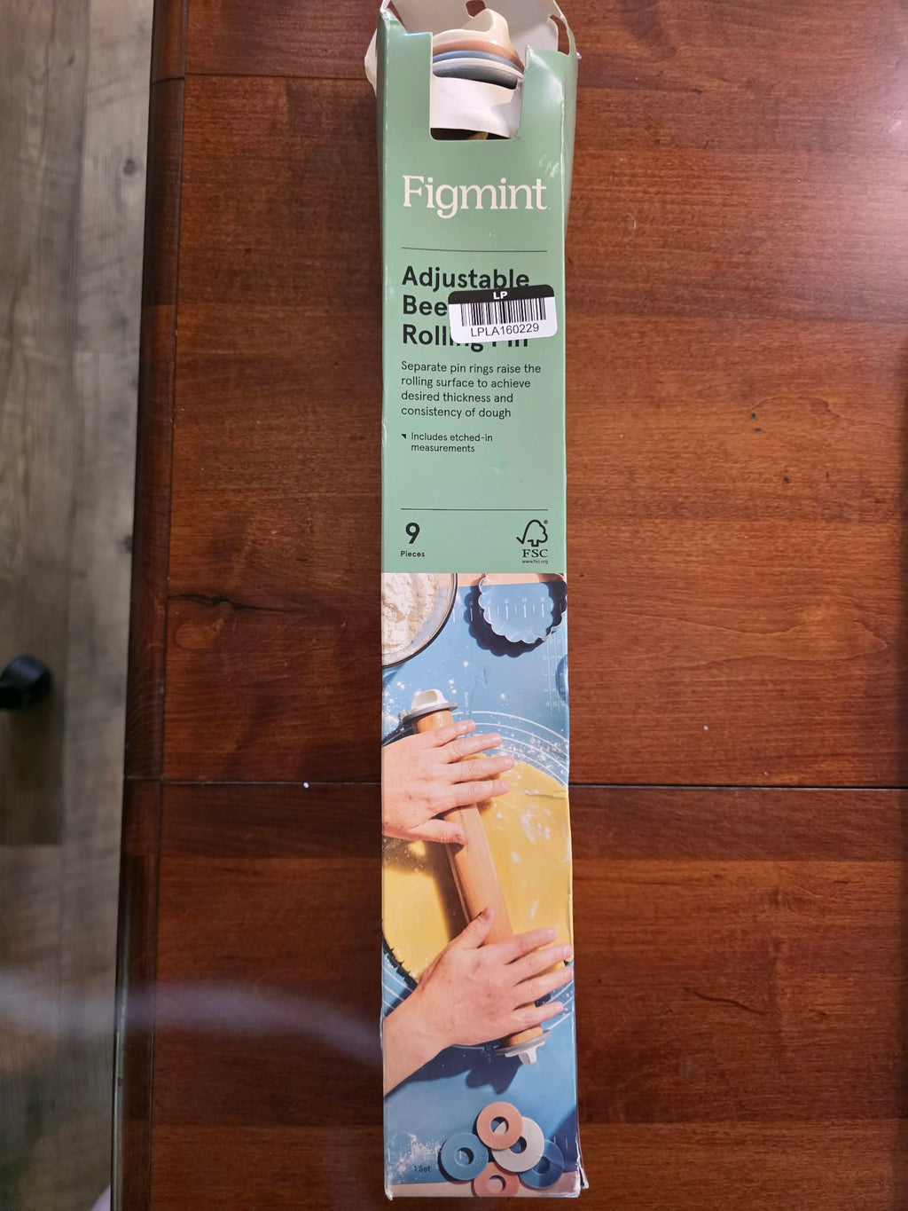 Figmint Adjustable Beech Wood Rolling Pin with 8 Thickness Rings (9-Piece Baking Set)