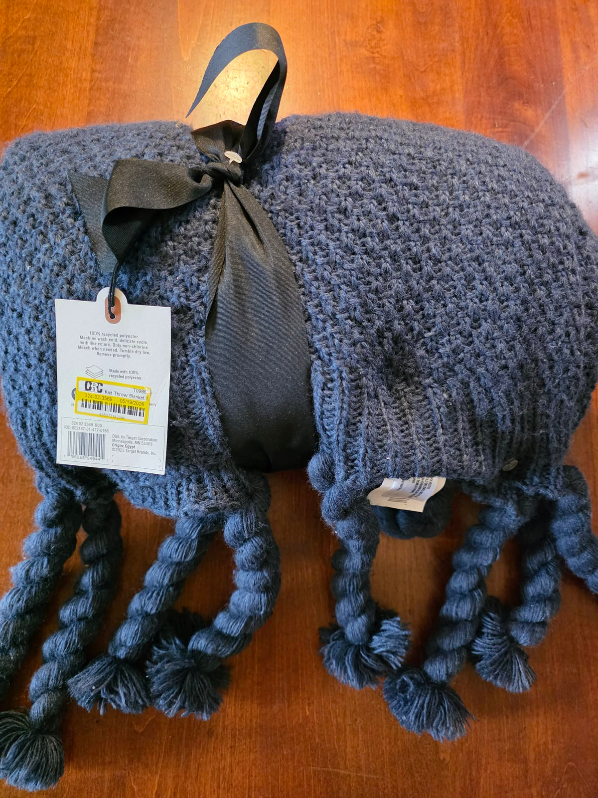Target Chunky Knit Throw Blanket - Navy Blue with Twisted Pom Tassel Trim (100% Recycled Polyester)