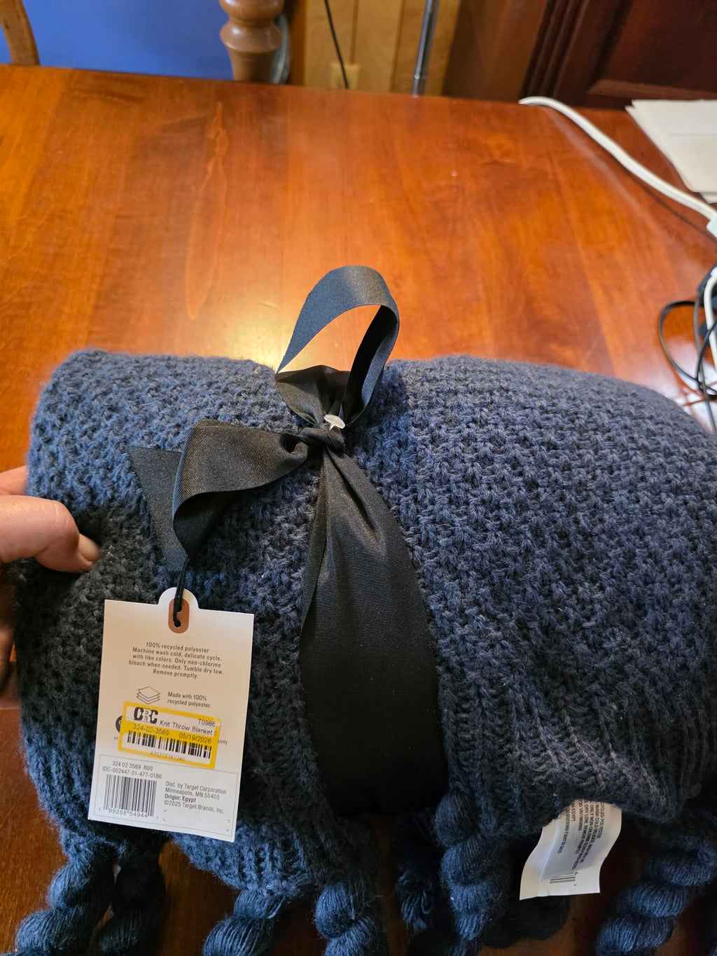 Target Chunky Knit Throw Blanket - Navy Blue with Twisted Pom Tassel Trim (100% Recycled Polyester)