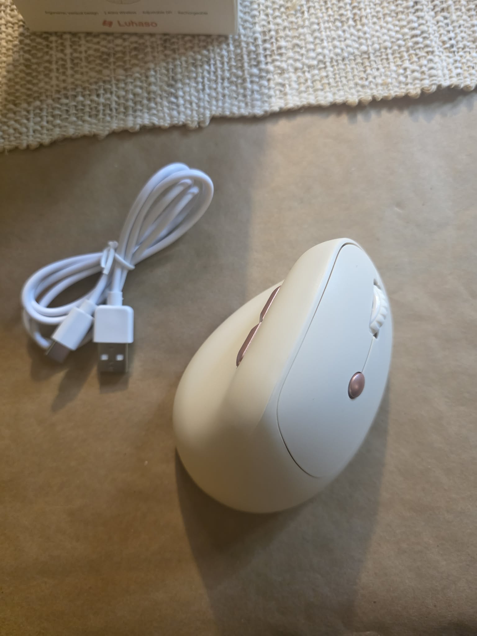Luhaso EM1 Wireless Ergonomic Vertical Mouse - Rechargeable (Cream & Rose Gold)
