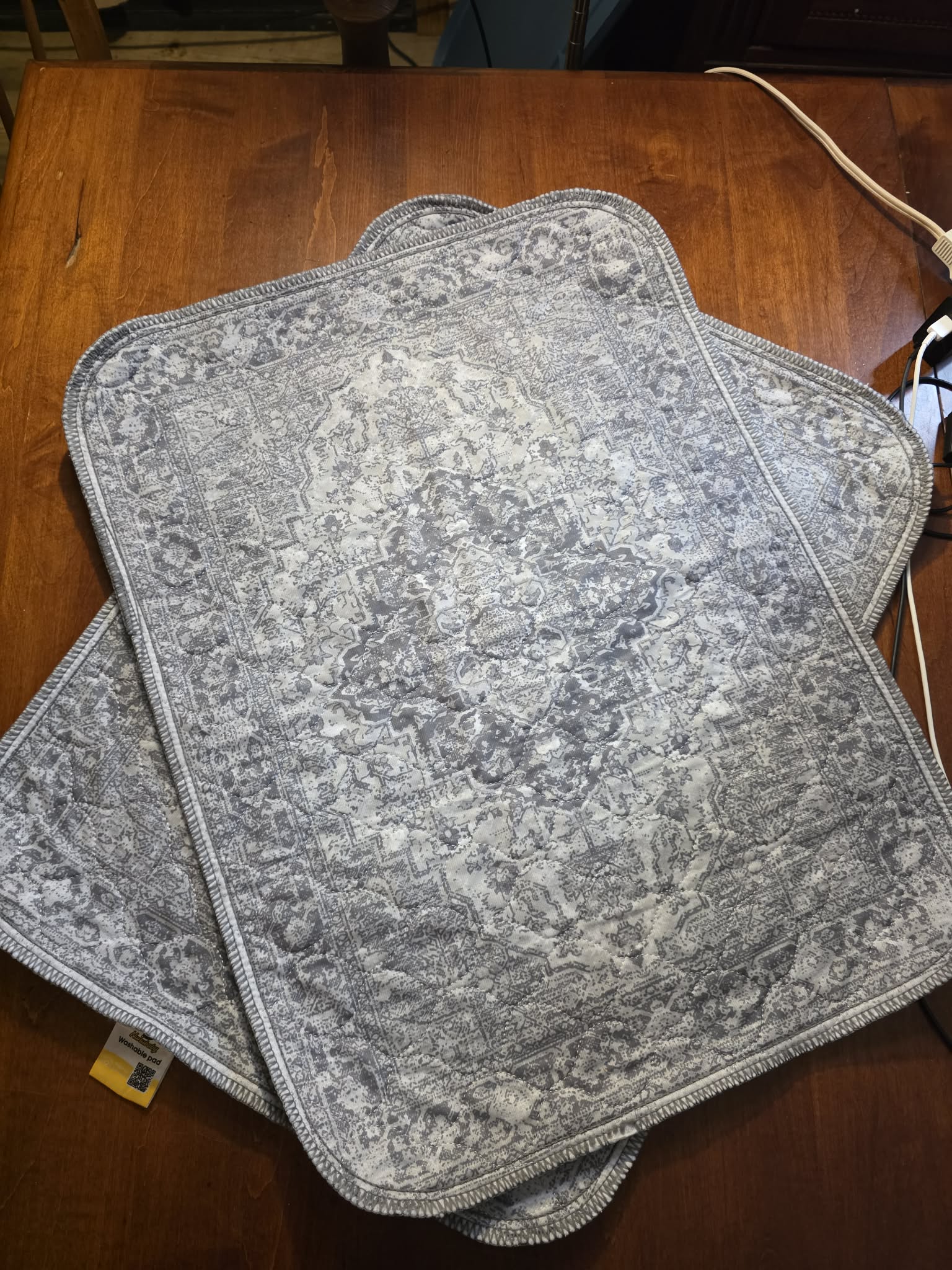 Nunubaby Washable Reusable Dog Pee Pads - 2-Pack, Gray Persian Medallion Print, Scalloped Edge, Made in Turkey