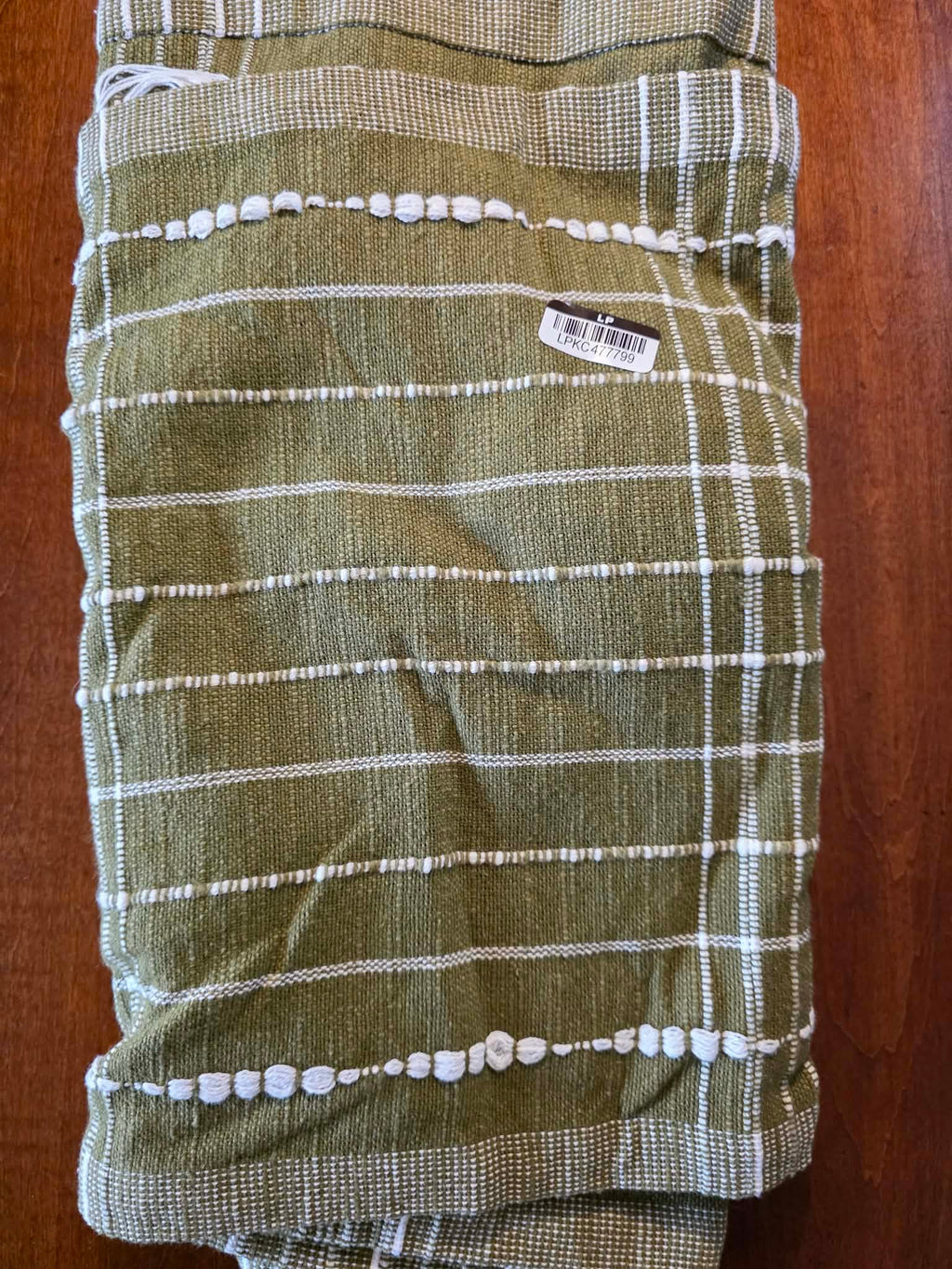 Lemon & Pepper Olive Green Woven Table Runner - Long (Bobble Stripe & Tassel Fringe)