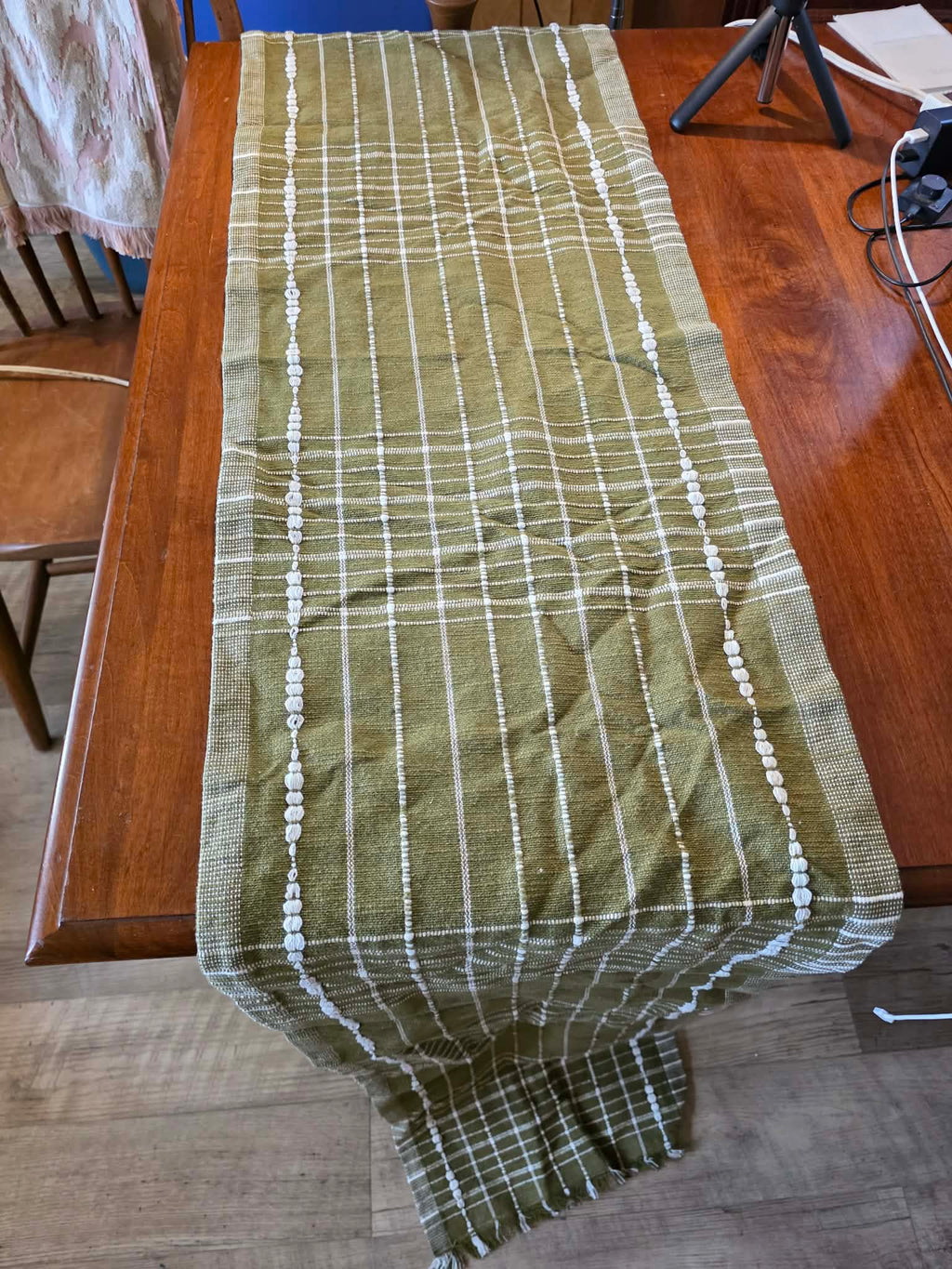 Lemon & Pepper Olive Green Woven Table Runner - Long (Bobble Stripe & Tassel Fringe)
