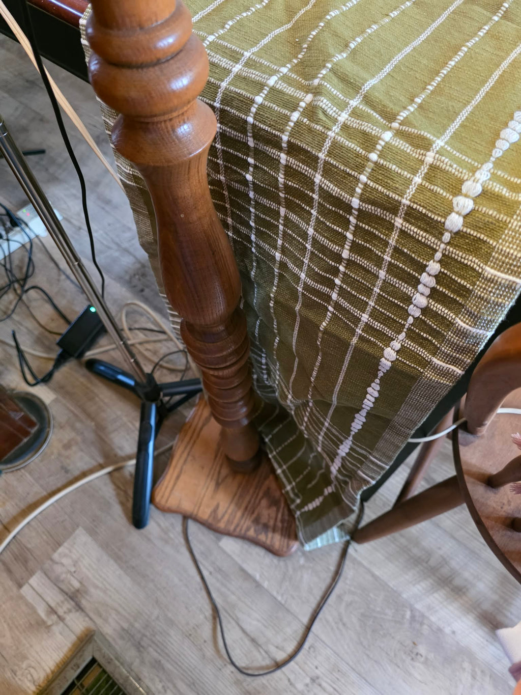 Lemon & Pepper Olive Green Woven Table Runner - Long (Bobble Stripe & Tassel Fringe)