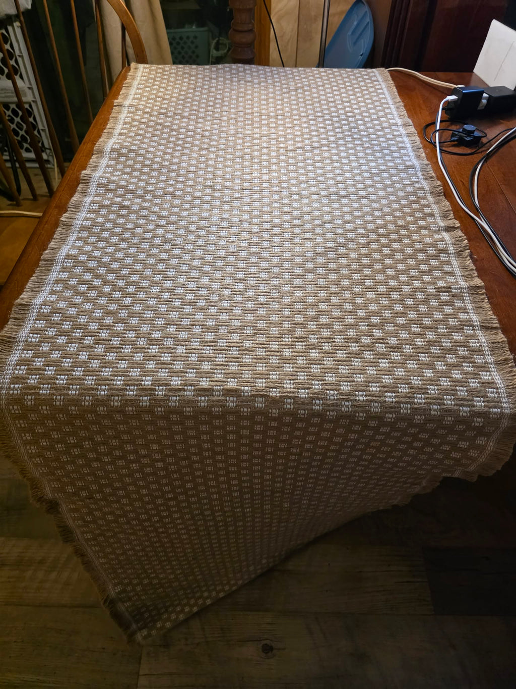Tan & White Basketweave Table Runner - Fringed Long Sides, Neutral Woven Dot Pattern, Farmhouse & Transitional Style