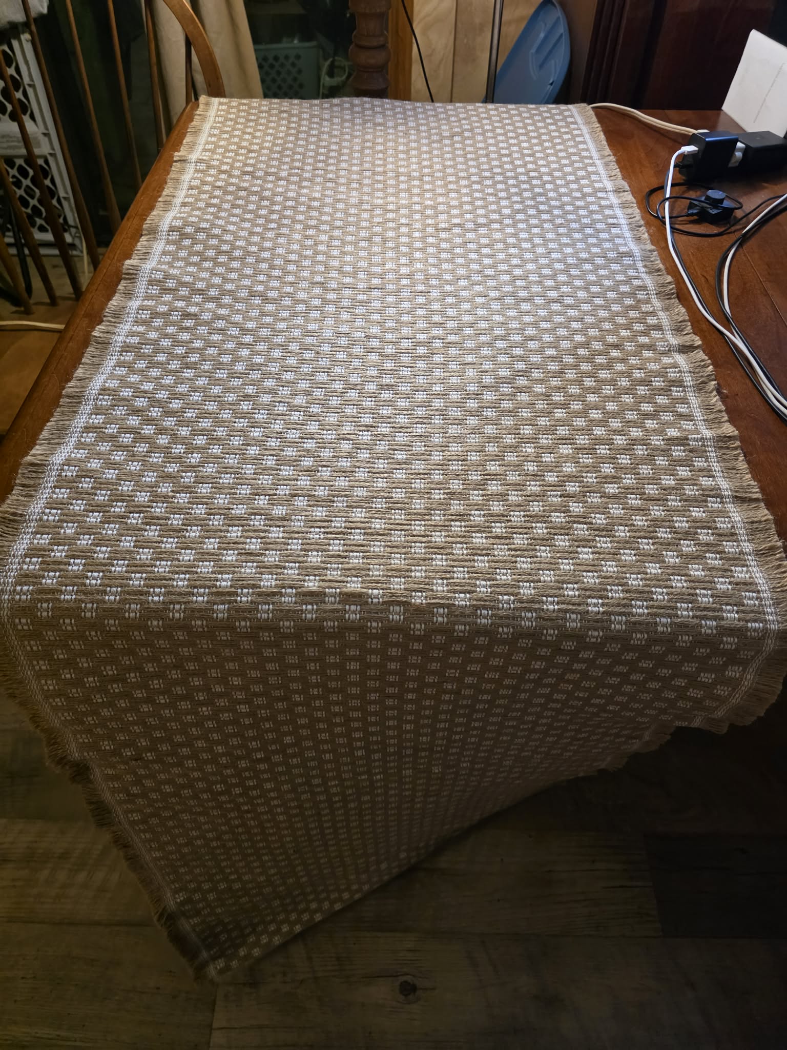 Tan & White Basketweave Table Runner - Fringed Long Sides, Neutral Woven Dot Pattern, Farmhouse & Transitional Style