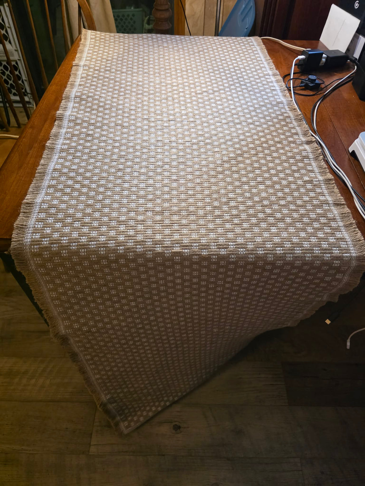 Tan & White Basketweave Table Runner - Fringed Long Sides, Neutral Woven Dot Pattern, Farmhouse & Transitional Style