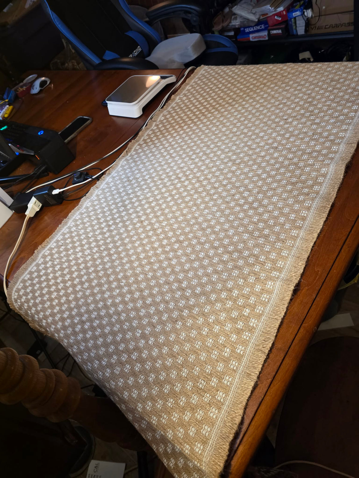 Tan & White Basketweave Table Runner - Fringed Long Sides, Neutral Woven Dot Pattern, Farmhouse & Transitional Style