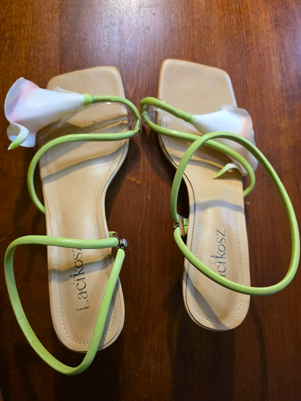 Lacikosz Women's 3D Floral Strappy Heeled Sandals - Square Toe with Clear Band & Green Straps (Size 8.5)l