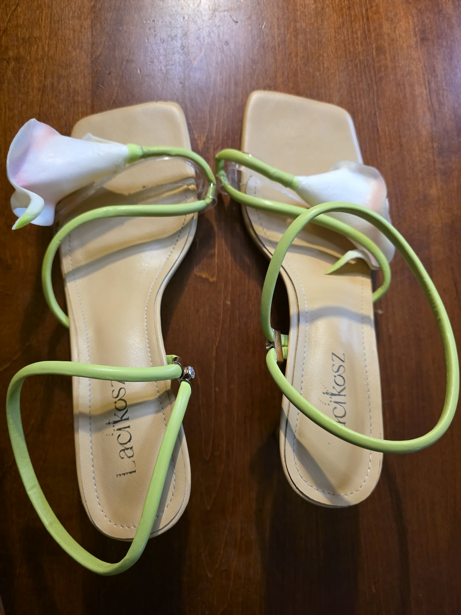 Lacikosz Women's 3D Floral Strappy Heeled Sandals - Square Toe with Clear Band & Green Straps (Size 8.5)l