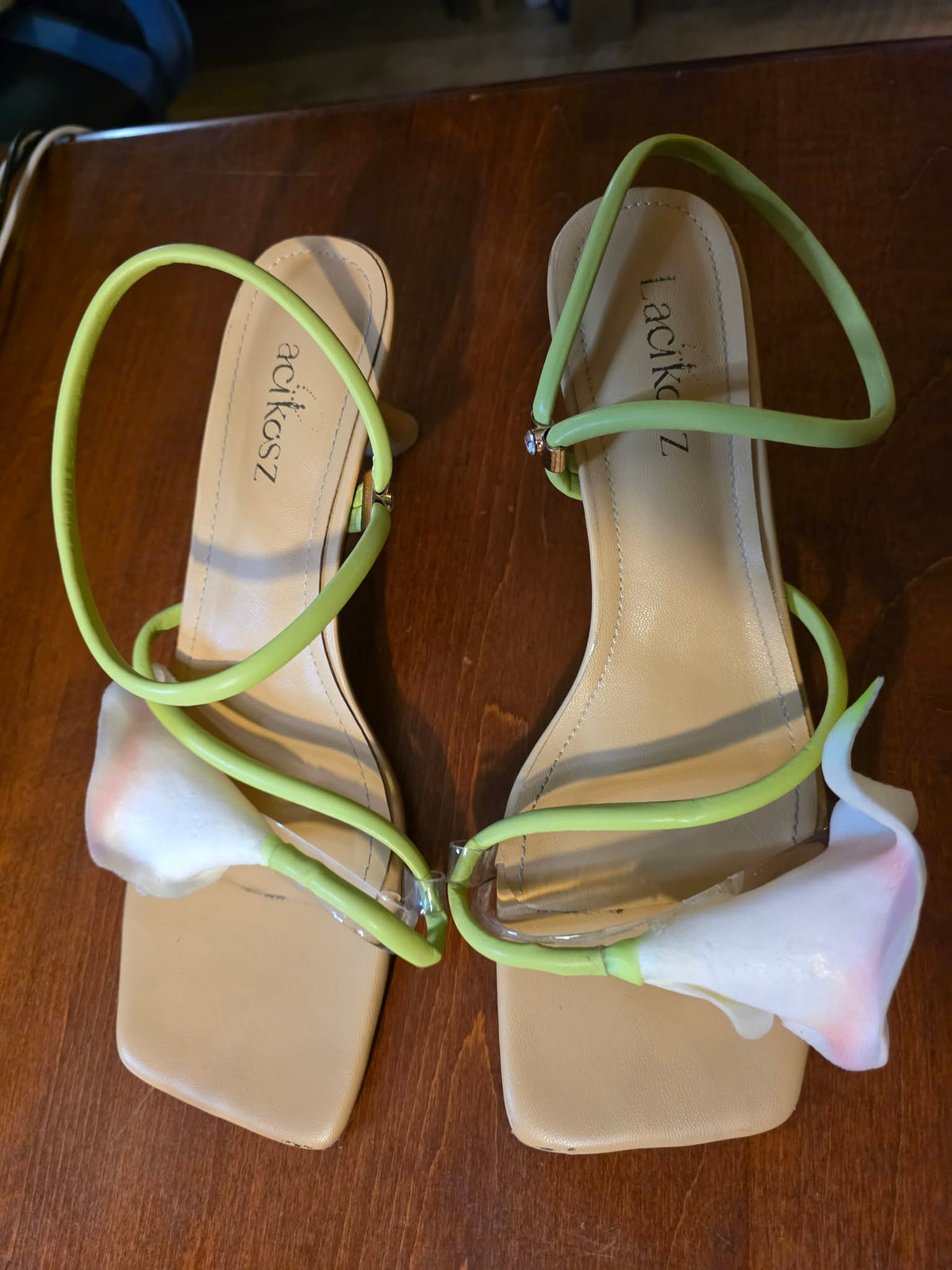 Lacikosz Women's 3D Floral Strappy Heeled Sandals - Square Toe with Clear Band & Green Straps (Size 8.5)l