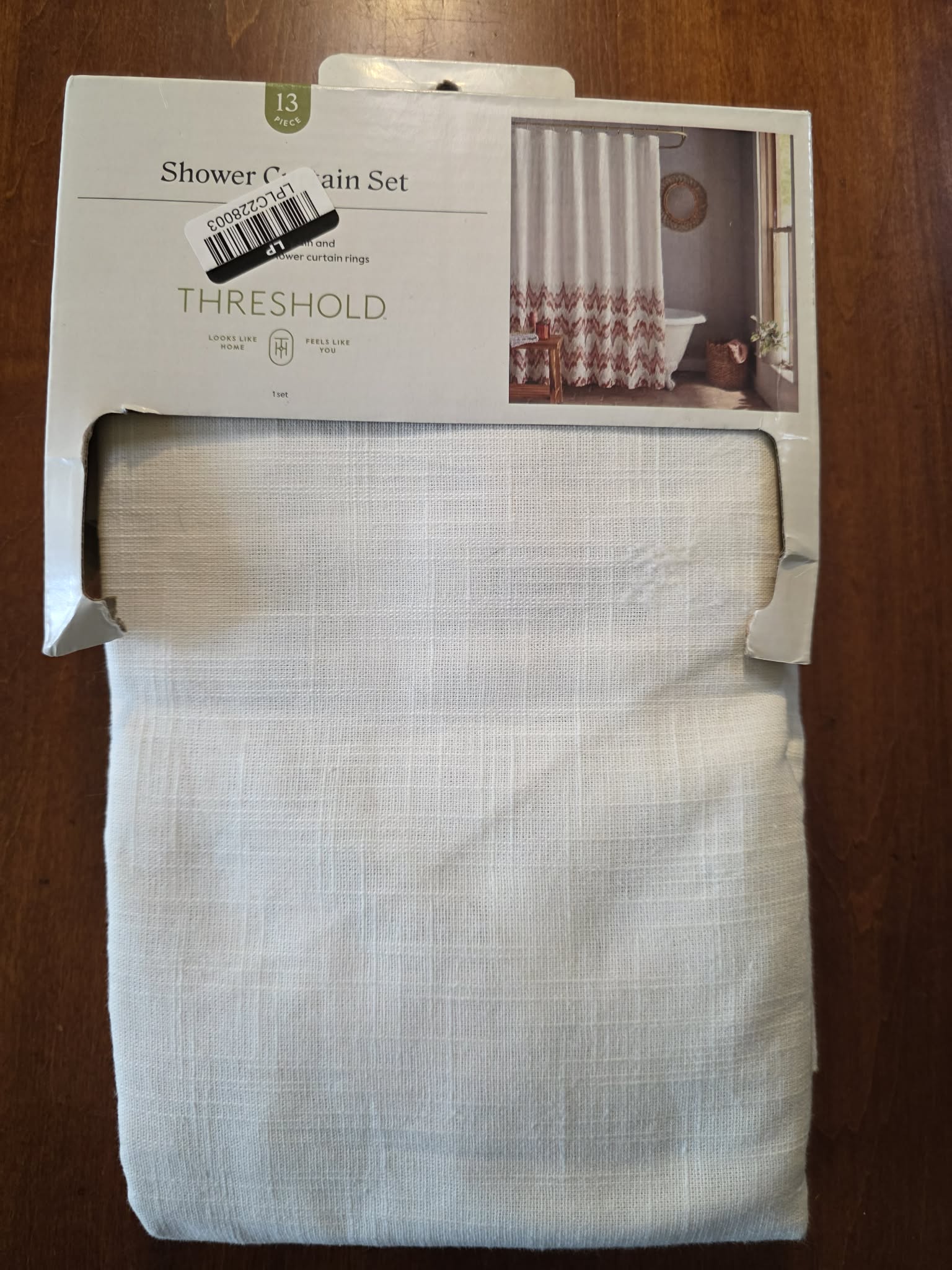 Threshold 13-Piece Shower Curtain Set - White & Burgundy Ikat Chevron Border (Curtain + 12 Rings)