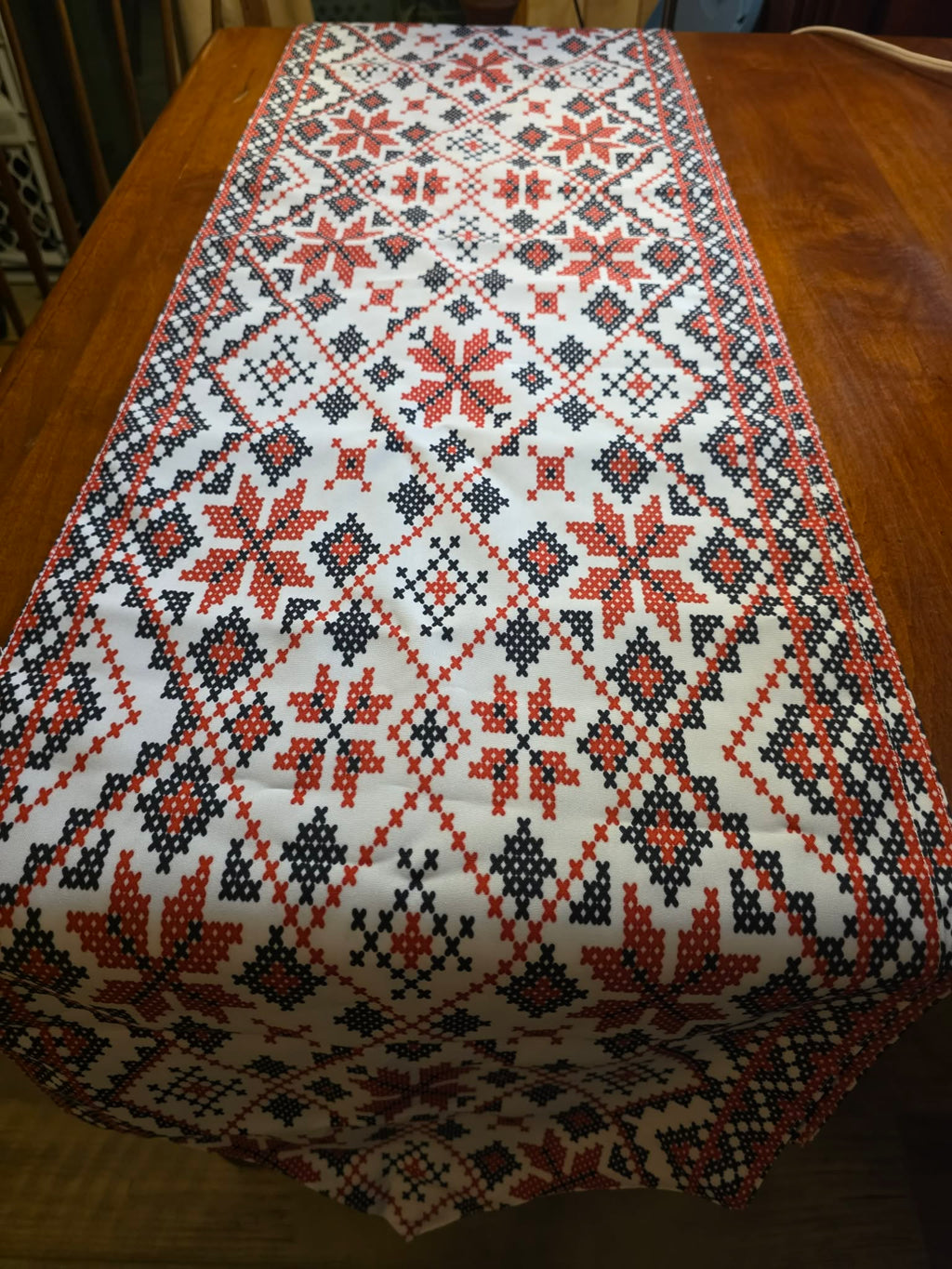 Folk Cross-Stitch Table Runner - Red & Navy Star Medallion Pattern, Pointed Ends, Traditional Eastern European Style