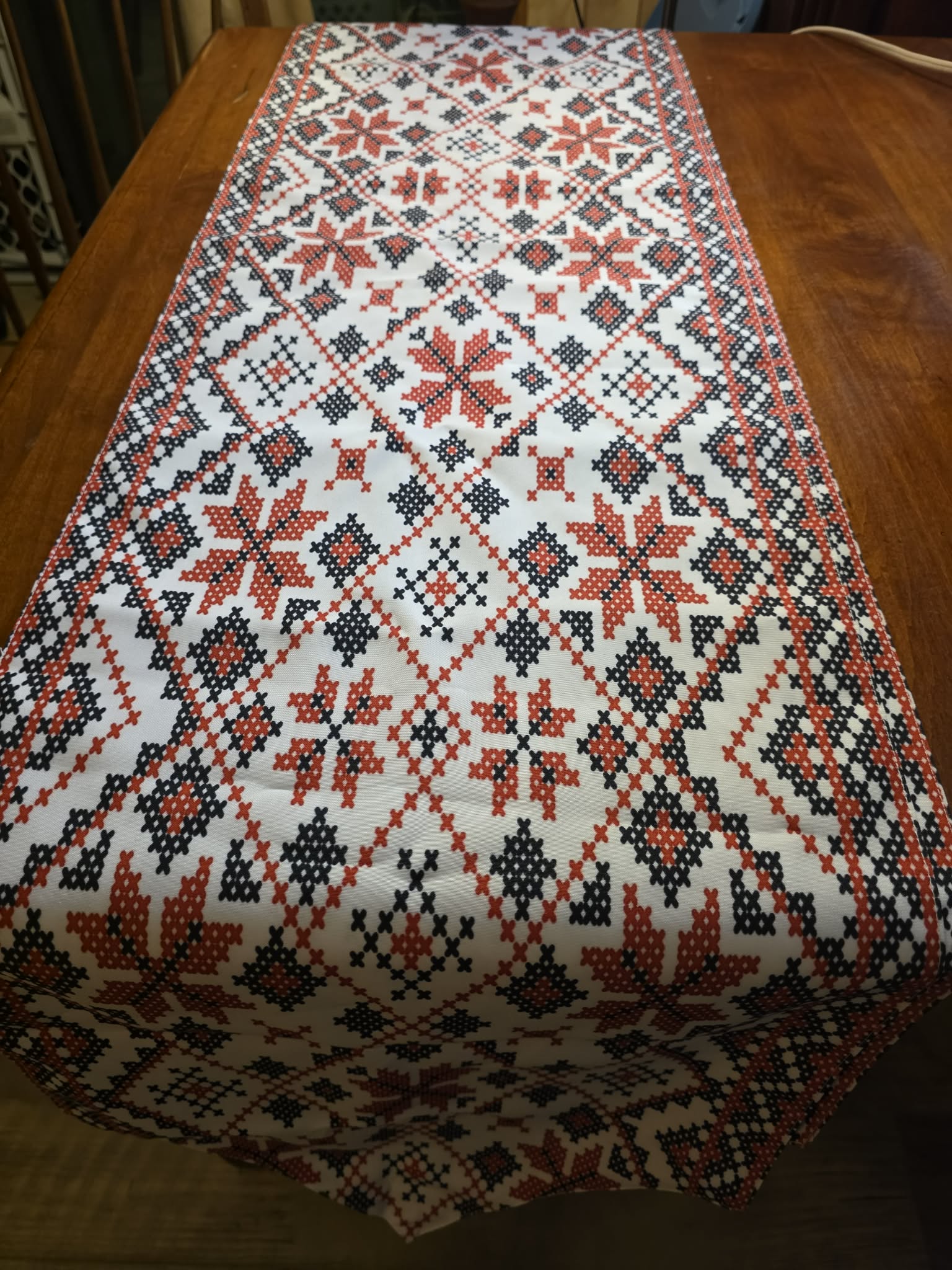 Folk Cross-Stitch Table Runner - Red & Navy Star Medallion Pattern, Pointed Ends, Traditional Eastern European Style