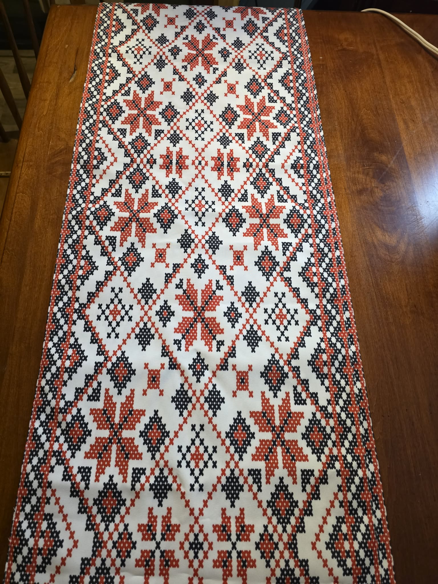 Folk Cross-Stitch Table Runner - Red & Navy Star Medallion Pattern, Pointed Ends, Traditional Eastern European Style