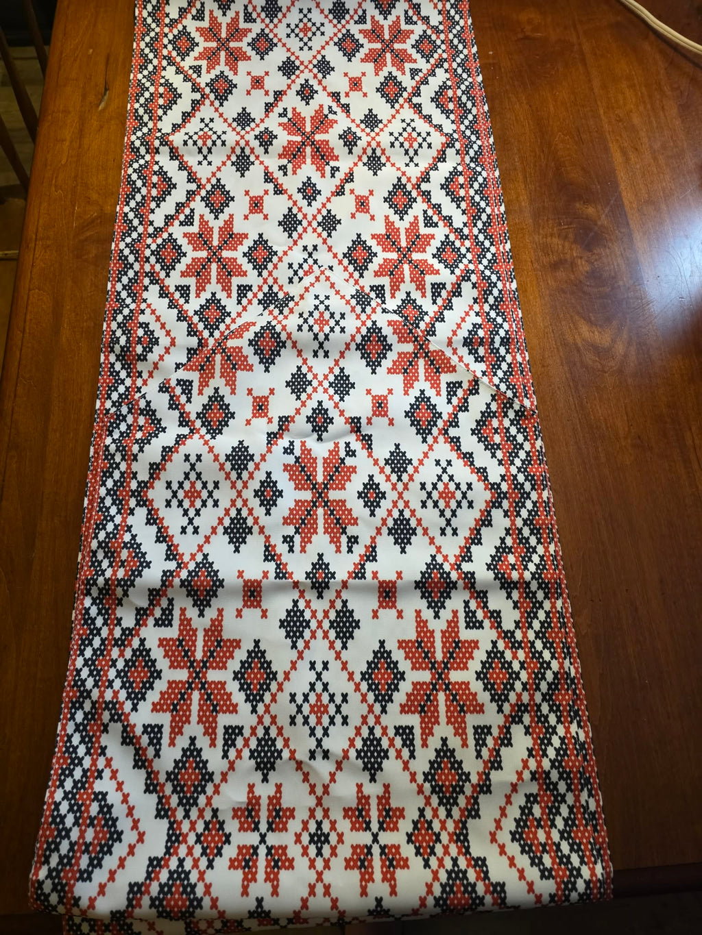 Folk Cross-Stitch Table Runner - Red & Navy Star Medallion Pattern, Pointed Ends, Traditional Eastern European Style