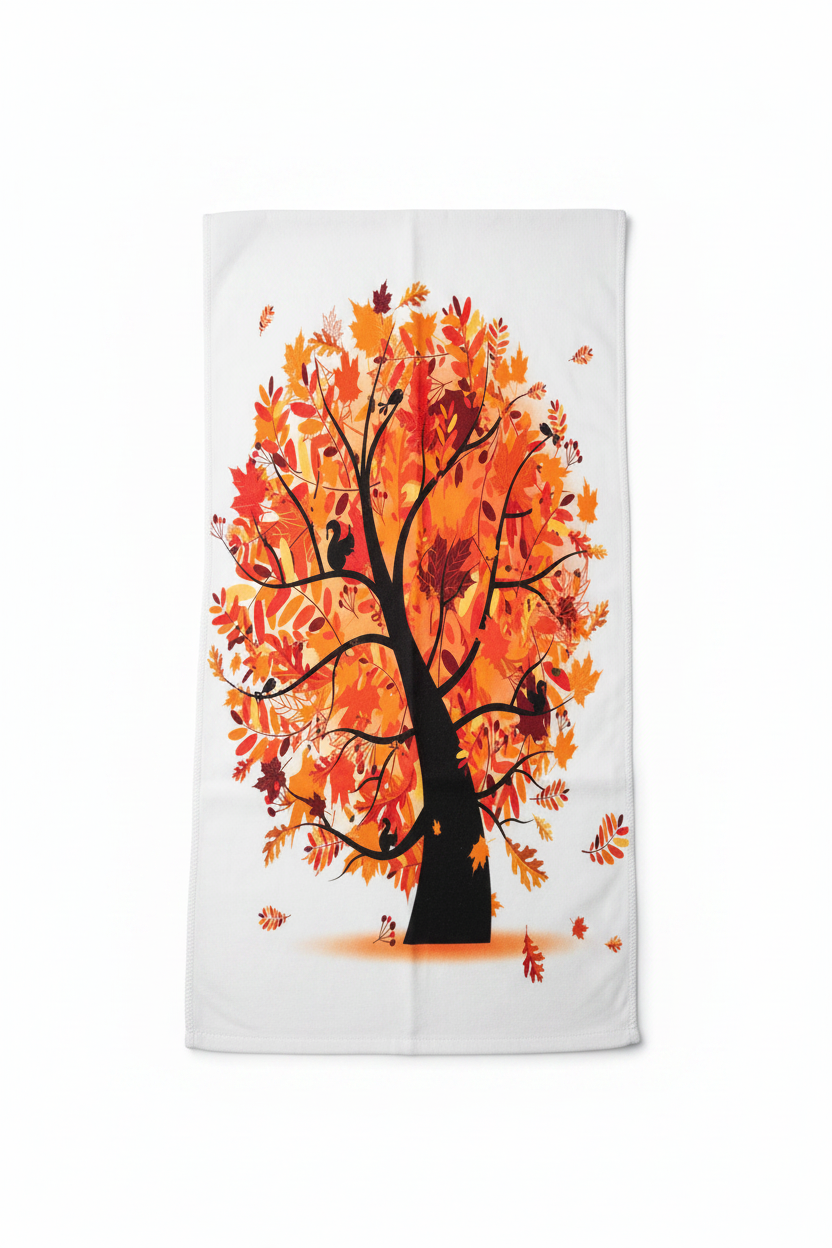 Autumn Tree Kitchen & Hand Towel - Fall Foliage with Woodland Squirrels & Birds (15"x30")
