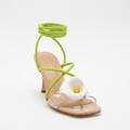 Lacikosz Women's 3D Floral Strappy Heeled Sandals - Square Toe with Clear Band & Green Straps (Size 8.5)l