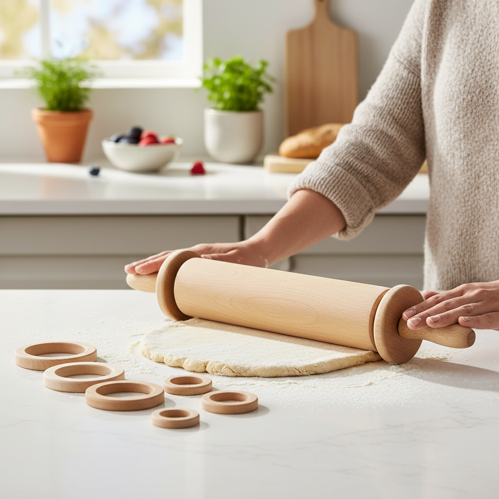 Figmint Adjustable Beech Wood Rolling Pin with 8 Thickness Rings (9-Piece Baking Set)