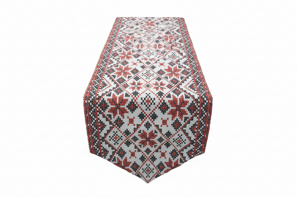 Folk Cross-Stitch Table Runner - Red & Navy Star Medallion Pattern, Pointed Ends, Traditional Eastern European Style