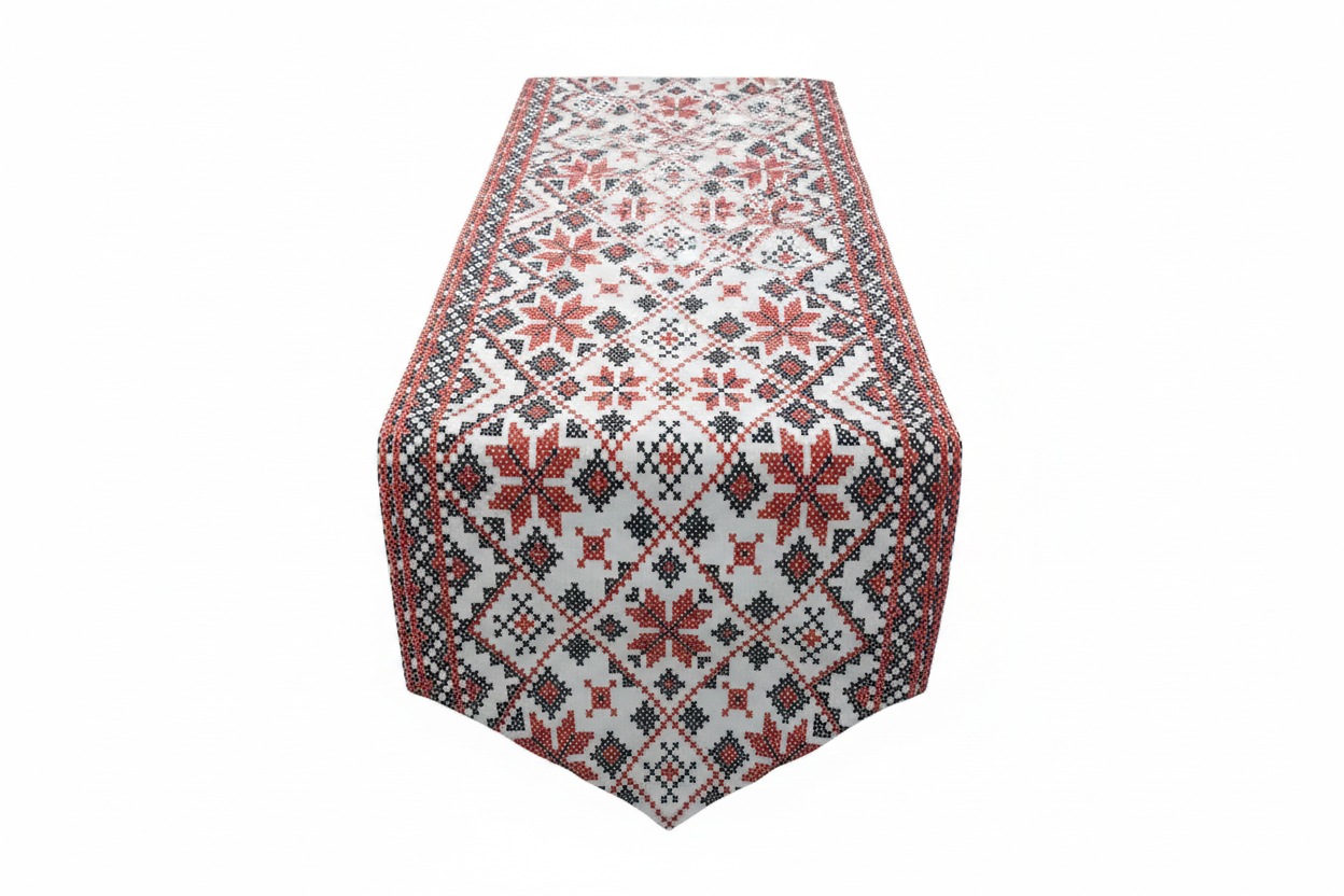 Folk Cross-Stitch Table Runner - Red & Navy Star Medallion Pattern, Pointed Ends, Traditional Eastern European Style