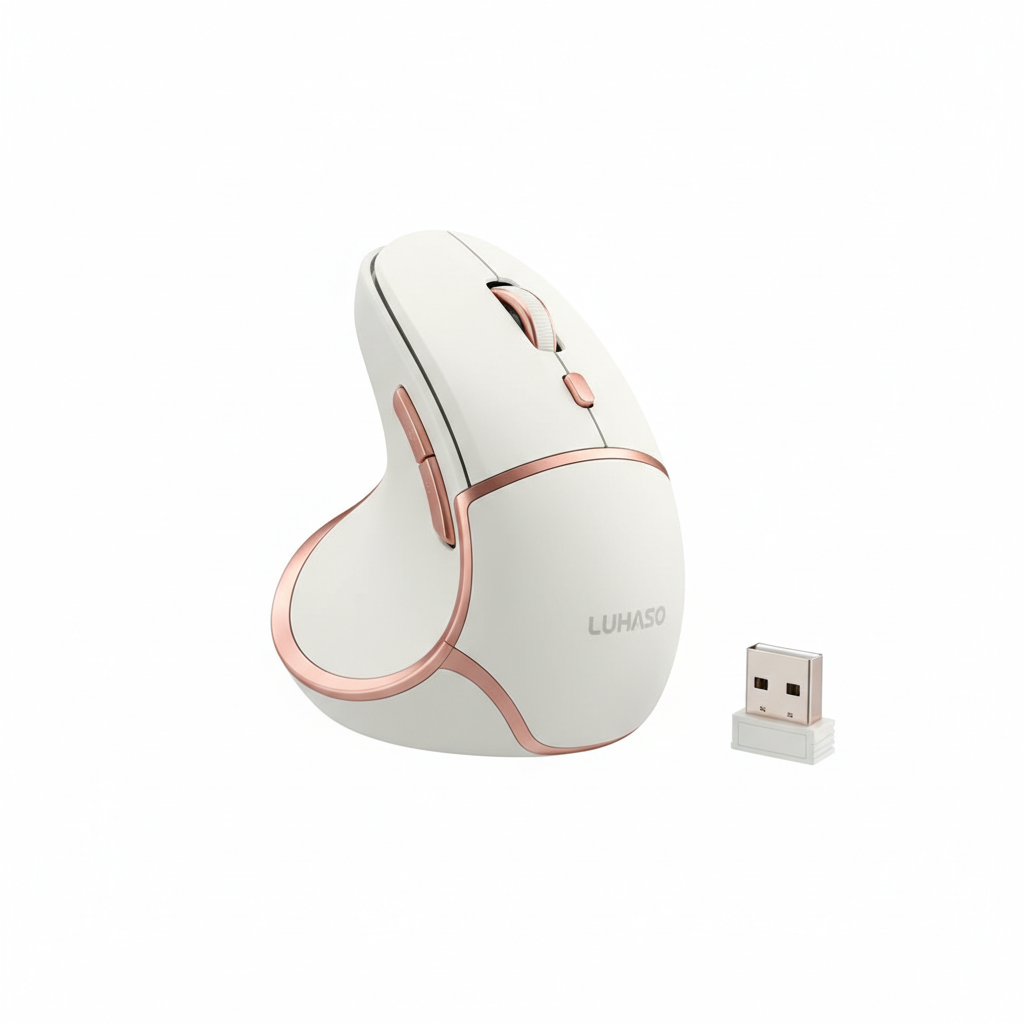 Luhaso EM1 Wireless Ergonomic Vertical Mouse - Rechargeable (Cream & Rose Gold)