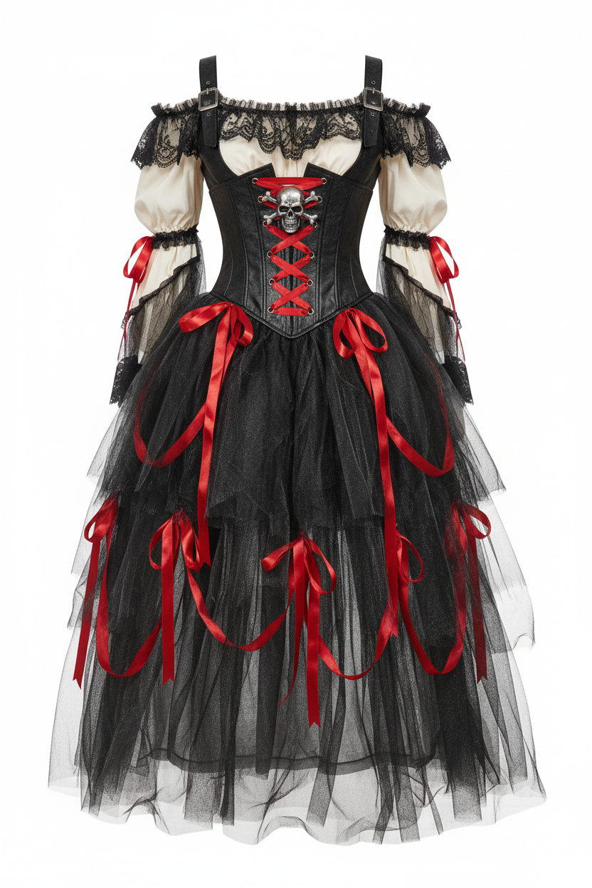 Nezababy Women's Pirate Cosplay Costume - Layered Tulle Dress with Red Accents (XXL) - Perfect for Halloween & Renaissance Faires