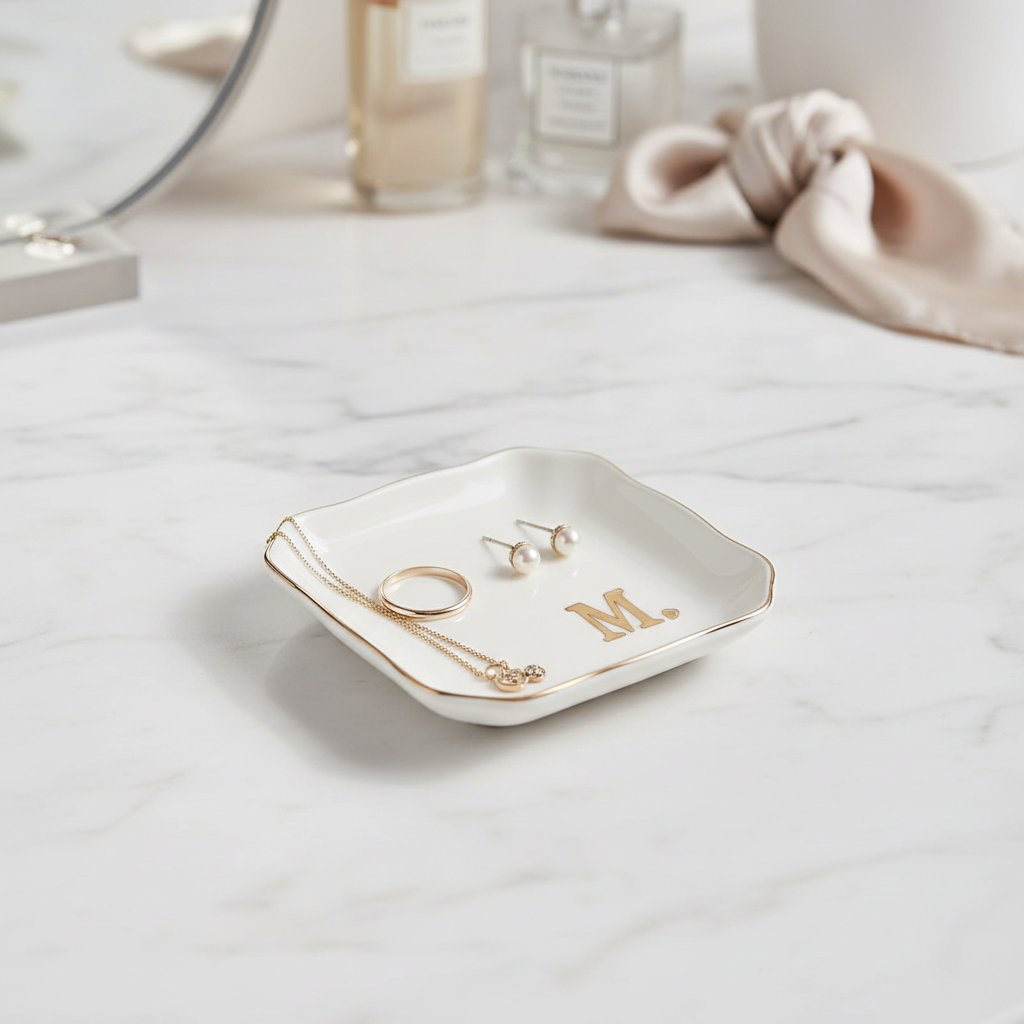 OASSIE Monogram Initial 'M' Ceramic Jewelry Dish & Trinket Tray