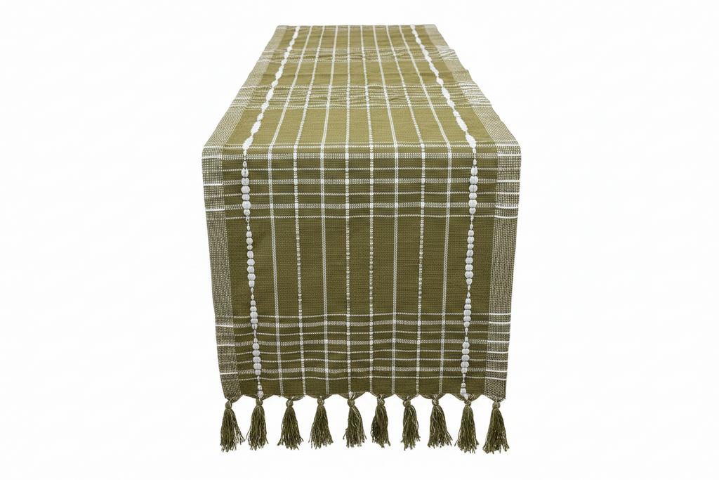 Lemon & Pepper Olive Green Woven Table Runner - Long (Bobble Stripe & Tassel Fringe)