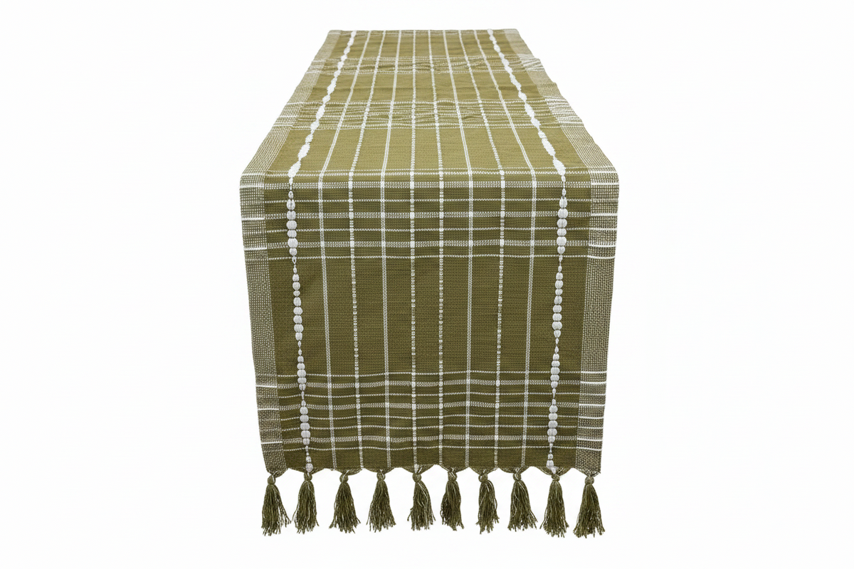 Lemon & Pepper Olive Green Woven Table Runner - Long (Bobble Stripe & Tassel Fringe)