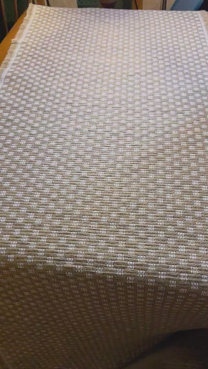 Tan & White Basketweave Table Runner - Fringed Long Sides, Neutral Woven Dot Pattern, Farmhouse & Transitional Style