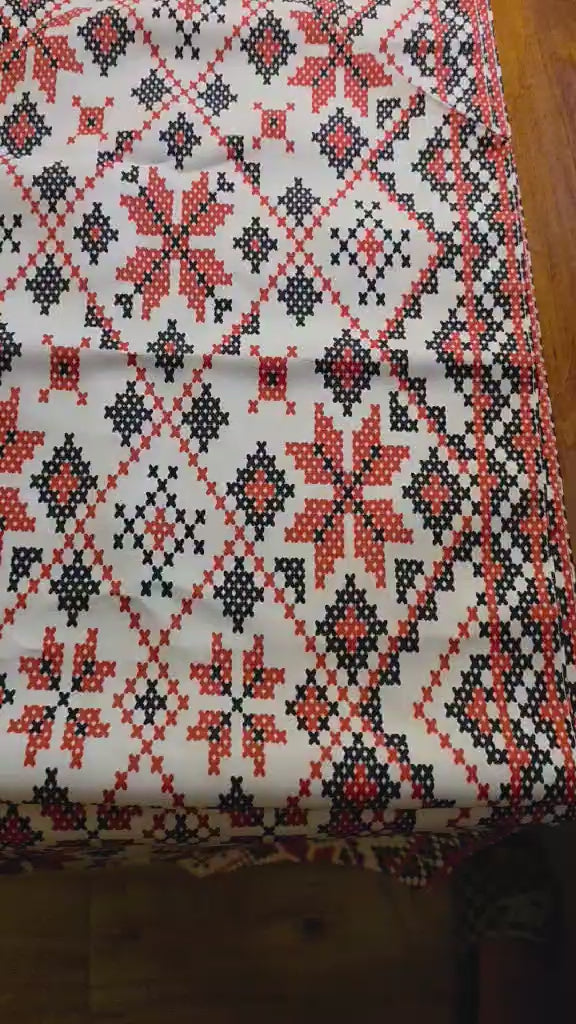 Folk Cross-Stitch Table Runner - Red & Navy Star Medallion Pattern, Pointed Ends, Traditional Eastern European Style