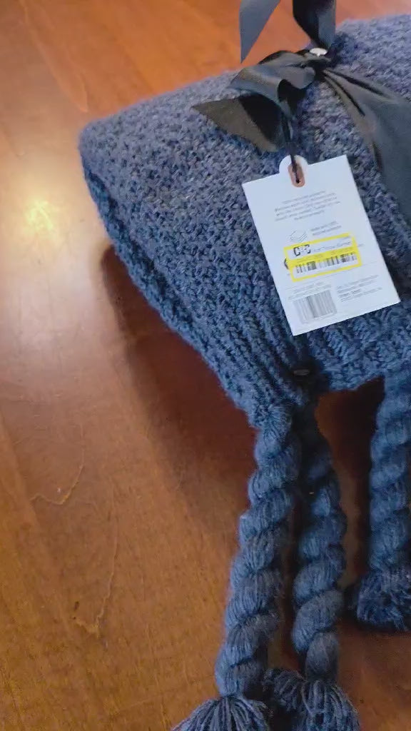 Target Chunky Knit Throw Blanket - Navy Blue with Twisted Pom Tassel Trim (100% Recycled Polyester)