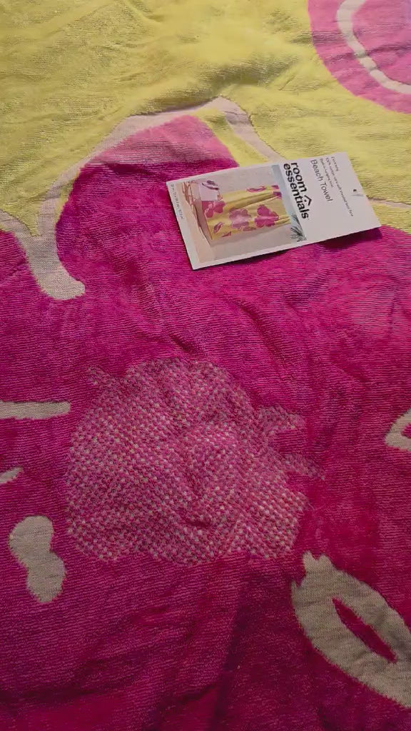 Room Essentials Extra-Long Beach Towel - Tropical Hibiscus Floral, Hot Pink & Yellow (38"x72", 100% Cotton)