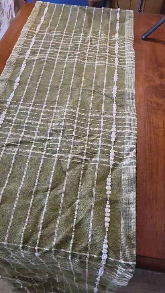 Lemon & Pepper Olive Green Woven Table Runner - Long (Bobble Stripe & Tassel Fringe)