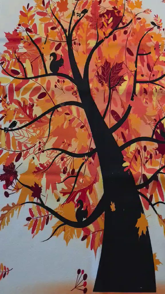 Autumn Tree Kitchen & Hand Towel - Fall Foliage with Woodland Squirrels & Birds (15"x30")