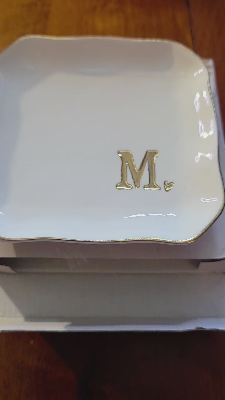 OASSIE Monogram Initial 'M' Ceramic Jewelry Dish & Trinket Tray