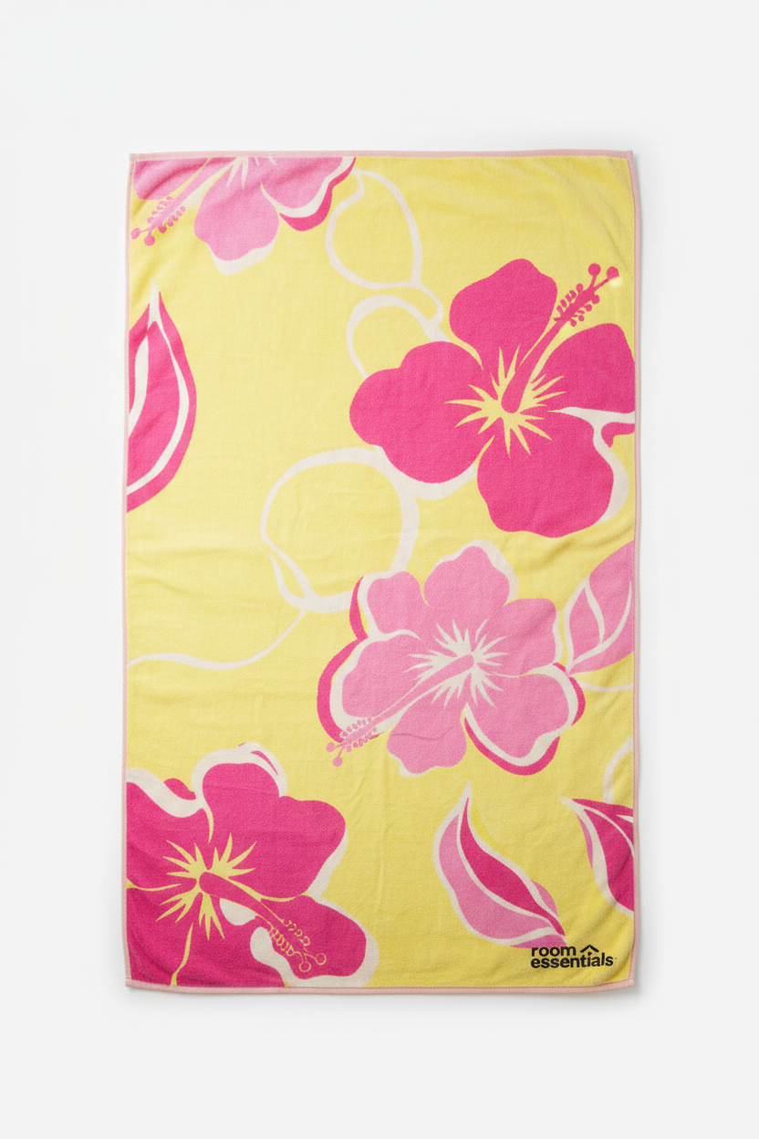 Room Essentials Extra-Long Beach Towel - Tropical Hibiscus Floral, Hot Pink & Yellow (38"x72", 100% Cotton)