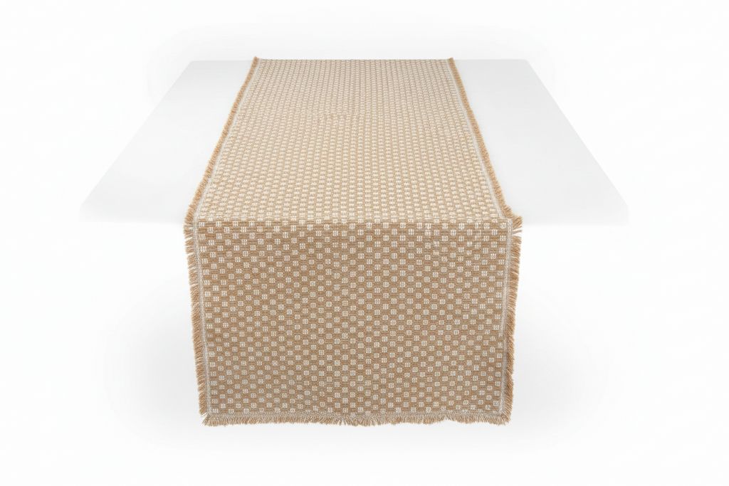 Tan & White Basketweave Table Runner - Fringed Long Sides, Neutral Woven Dot Pattern, Farmhouse & Transitional Style