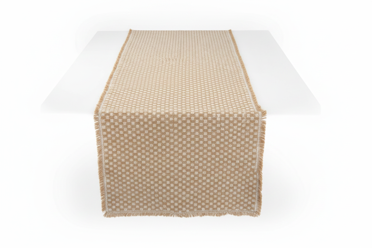 Tan & White Basketweave Table Runner - Fringed Long Sides, Neutral Woven Dot Pattern, Farmhouse & Transitional Style