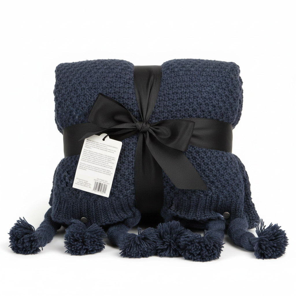 Target Chunky Knit Throw Blanket - Navy Blue with Twisted Pom Tassel Trim (100% Recycled Polyester)
