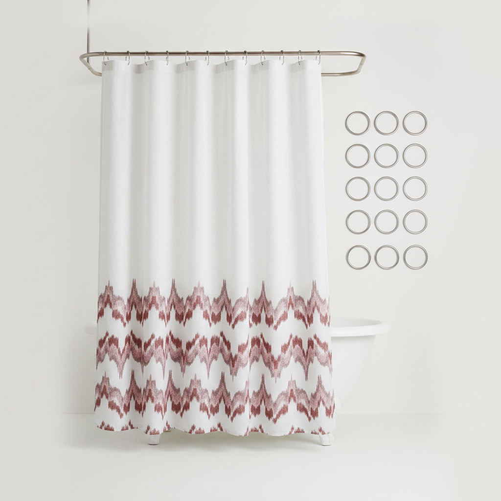 Threshold 13-Piece Shower Curtain Set - White & Burgundy Ikat Chevron Border (Curtain + 12 Rings)