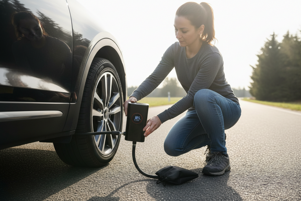 Portable Cordless Tire Inflator & Air Compressor with Emergency Power Bank and LED Light
