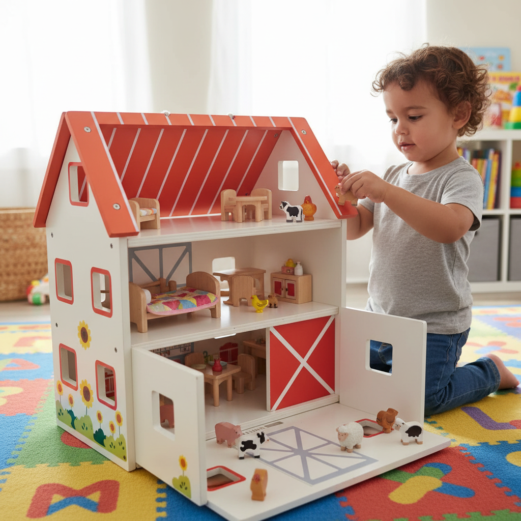 Wooden Pretend-Play Farmhouse Dollhouse