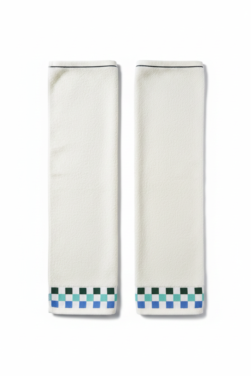 XBER White Terry Hand Towels with Colorful Checkerboard Border - Blue, Teal & Green (13"x29", Set of 2)